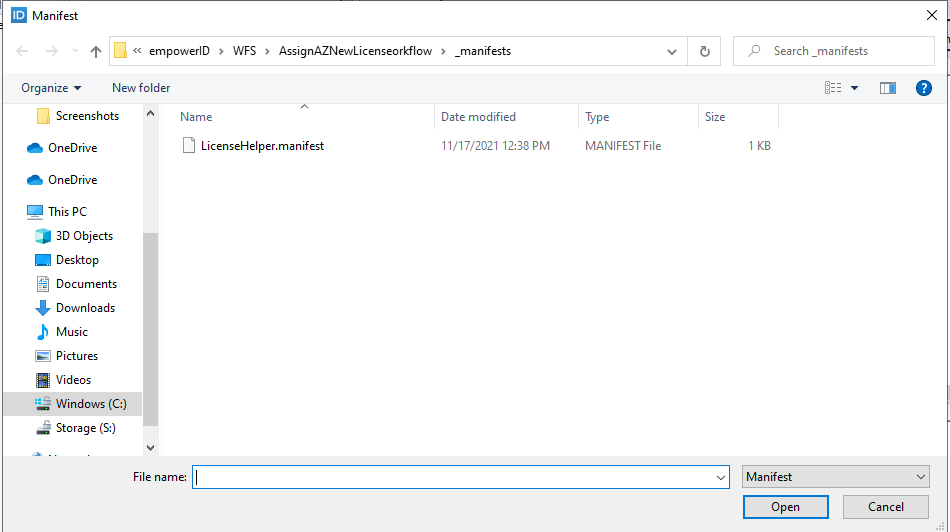 Open manifest file dialog