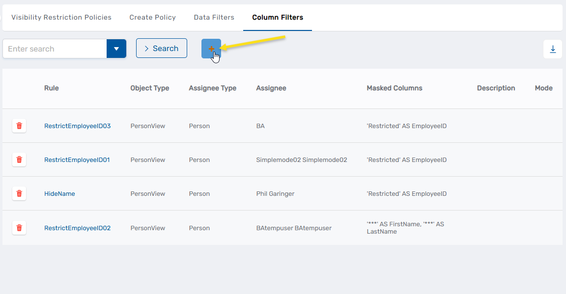 Column Filters Tab