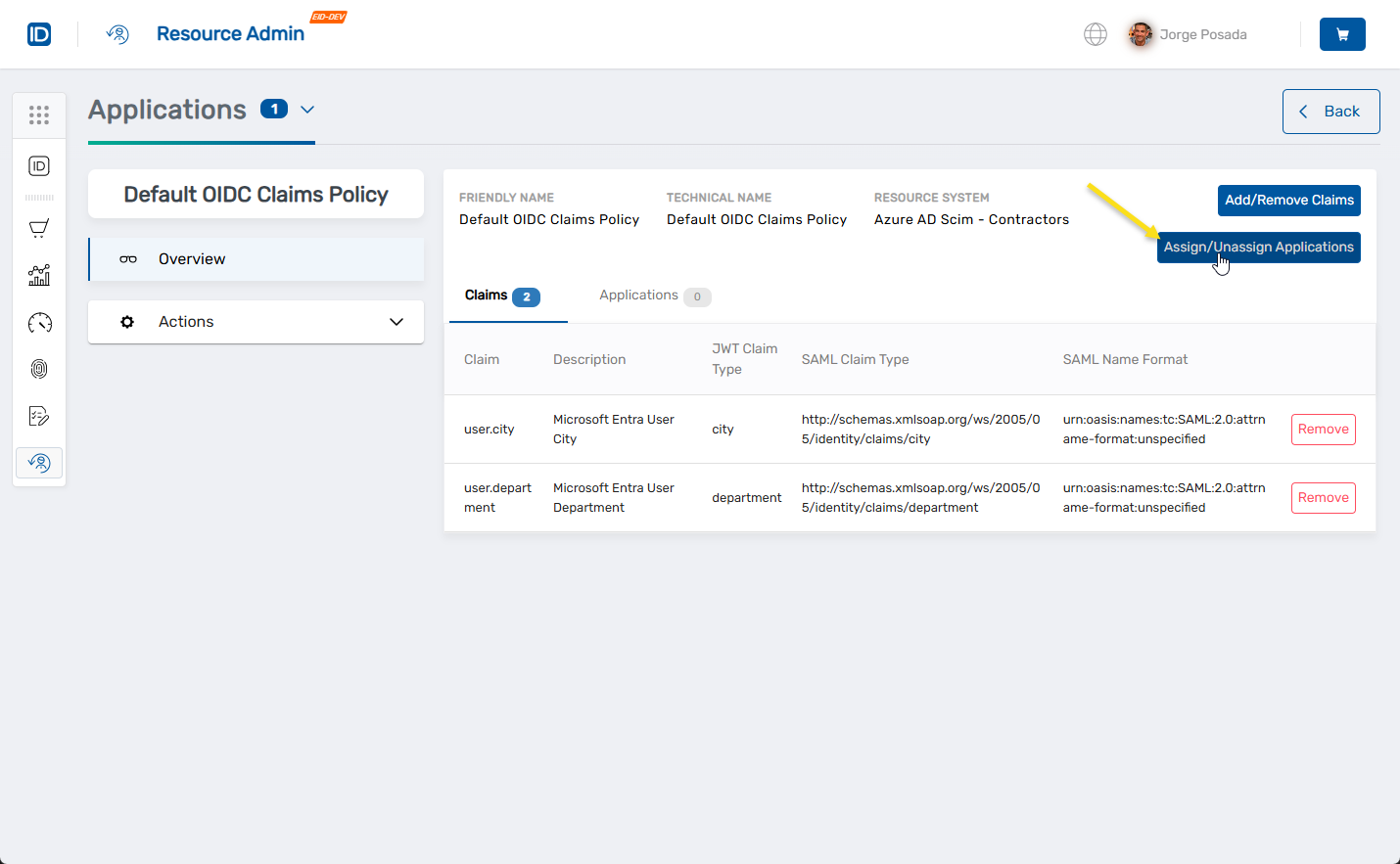 Assign or Remove Claims Mapping Policy Button