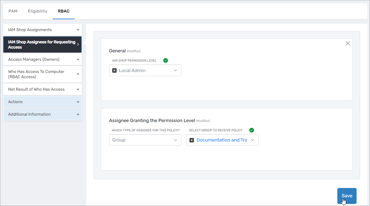 Configuration screen after clicking Save showing the saved assignee settings