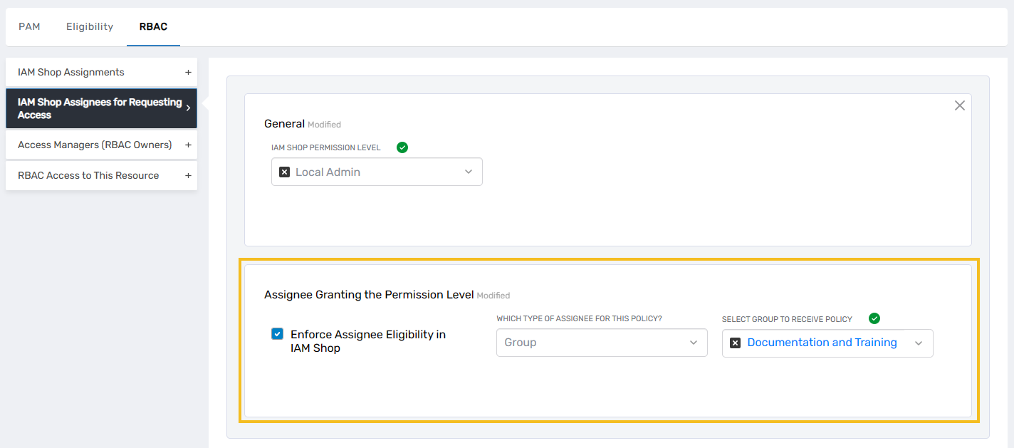 Assignee type and policy selection configuration