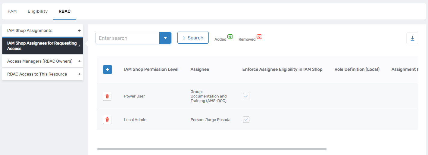 Computer RBAC tab showing assigned IAM Shop Permission Levels