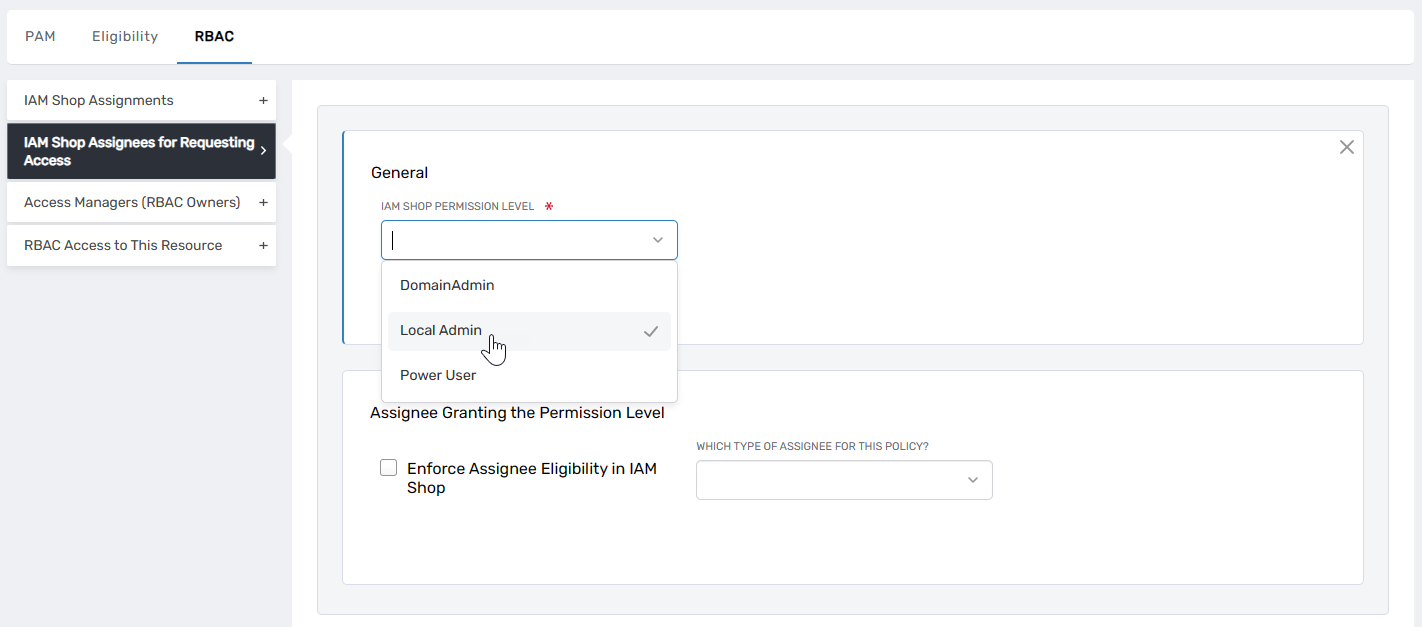 IAM Shop Permission Level dropdown under General settings