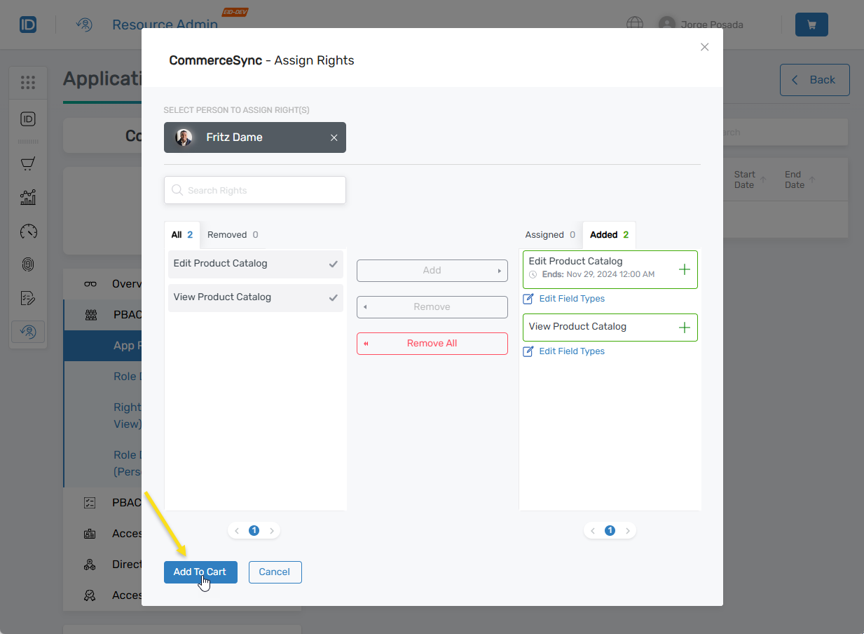 App rights in cart