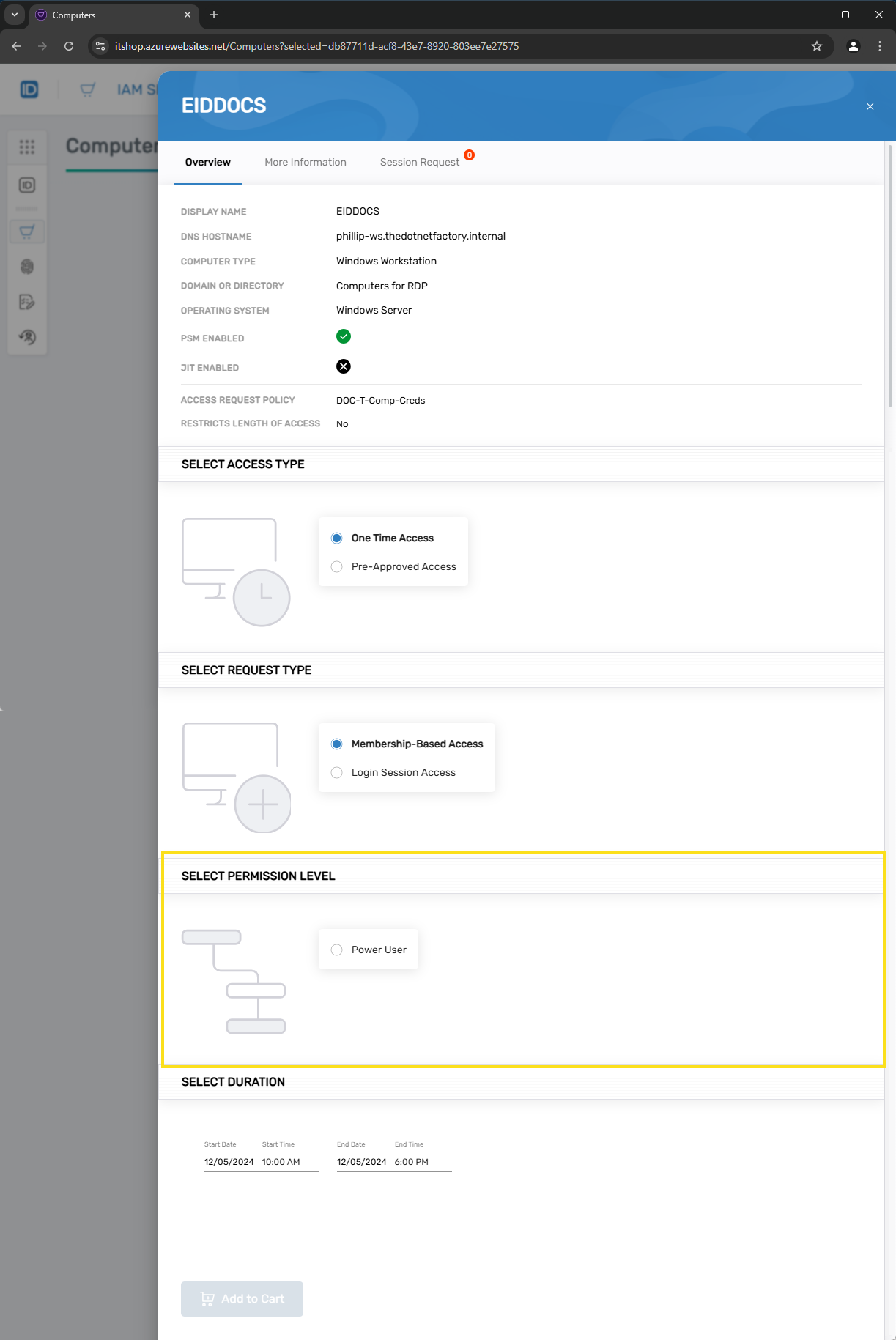 IAM Shop showing the configured permission level available for computer access request