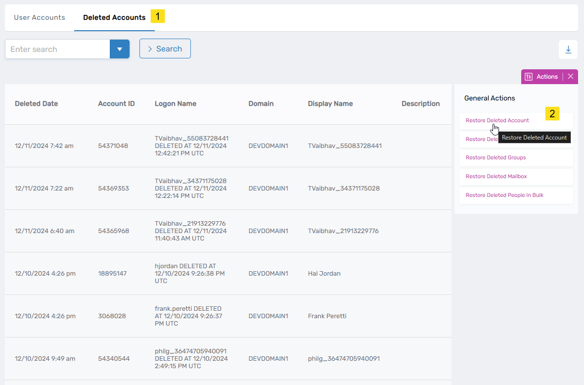 Restore Deleted Account action