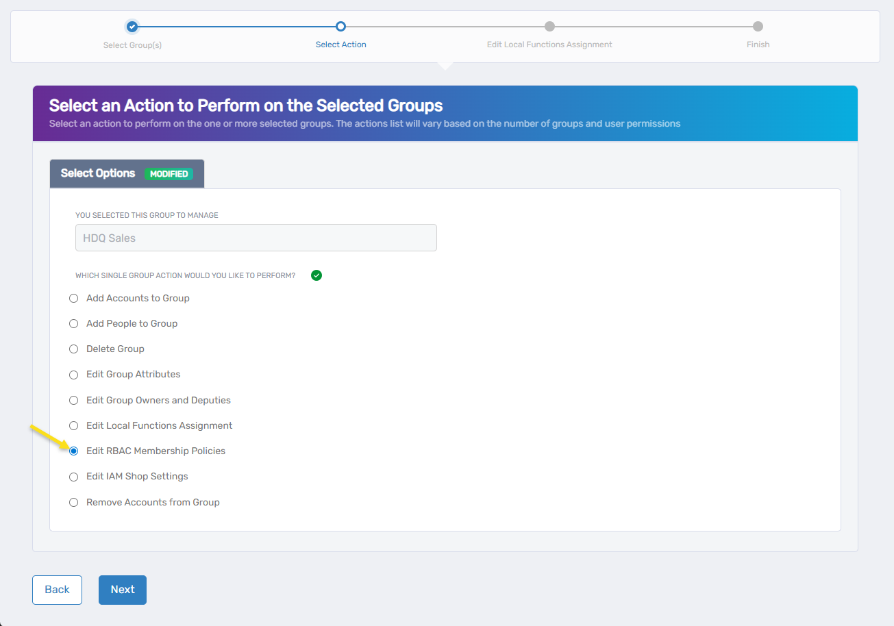 Edit RBAC Membership Policies Action