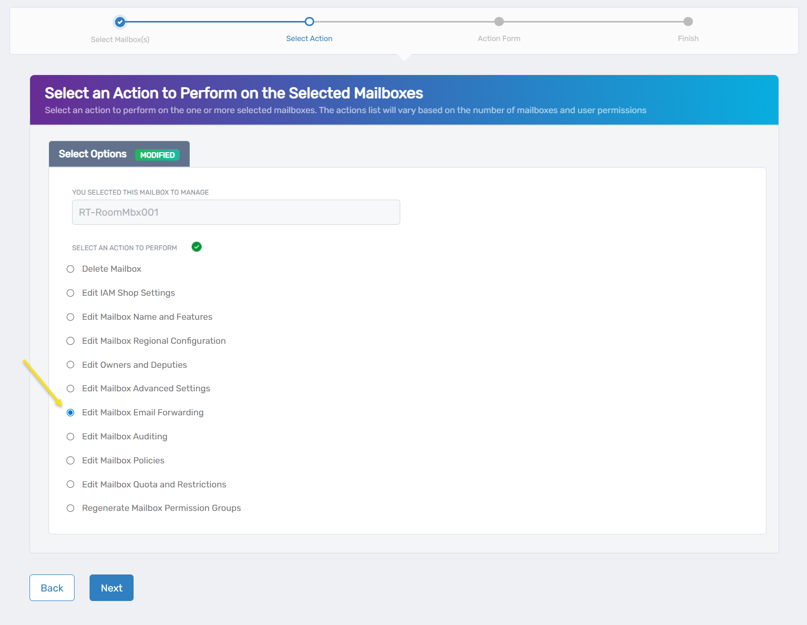 Edit Mailbox Email Forwarding Action