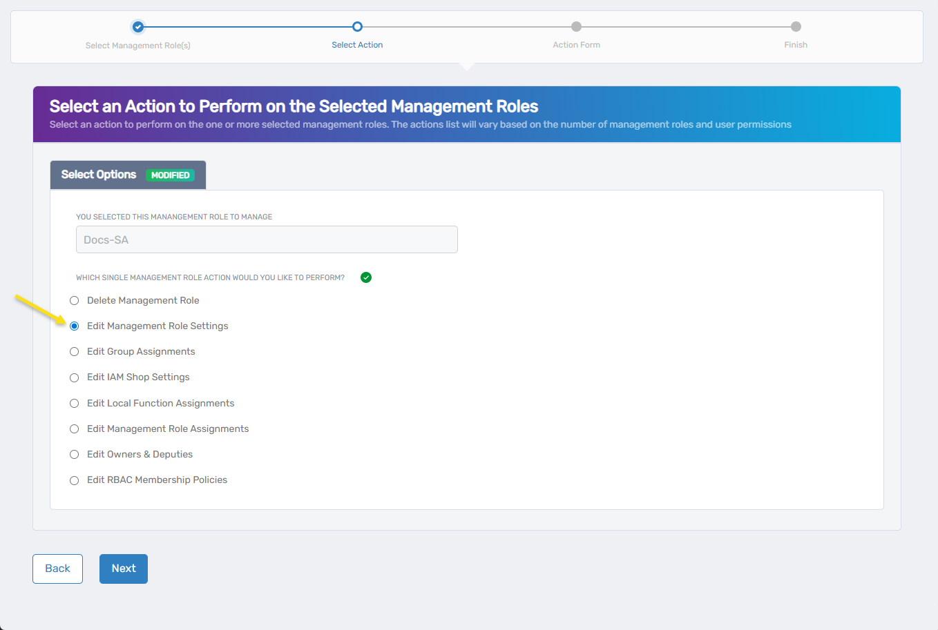 Edit Management Role Settings Action