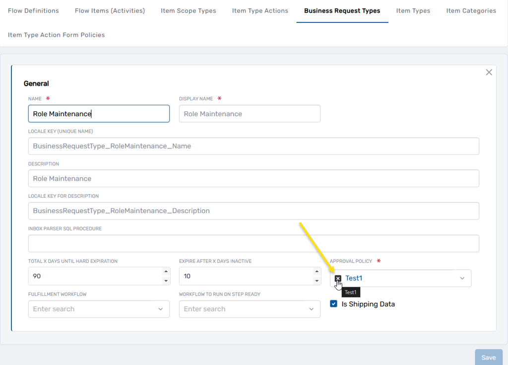 Role Maintenance edit dialog — Approval Policy field