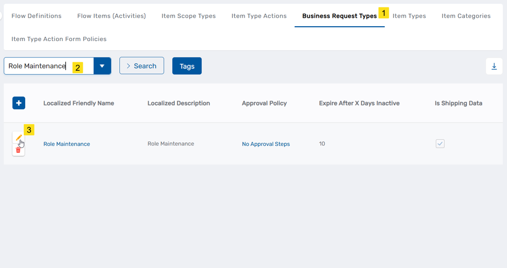 Role Maintenance Business Request Type Edit Button